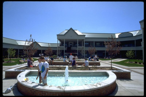 The UB Commons courtyard and fountain in 1992, shortly after its opening.